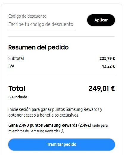 Campo Código de descuento en el carrito de Samsung España