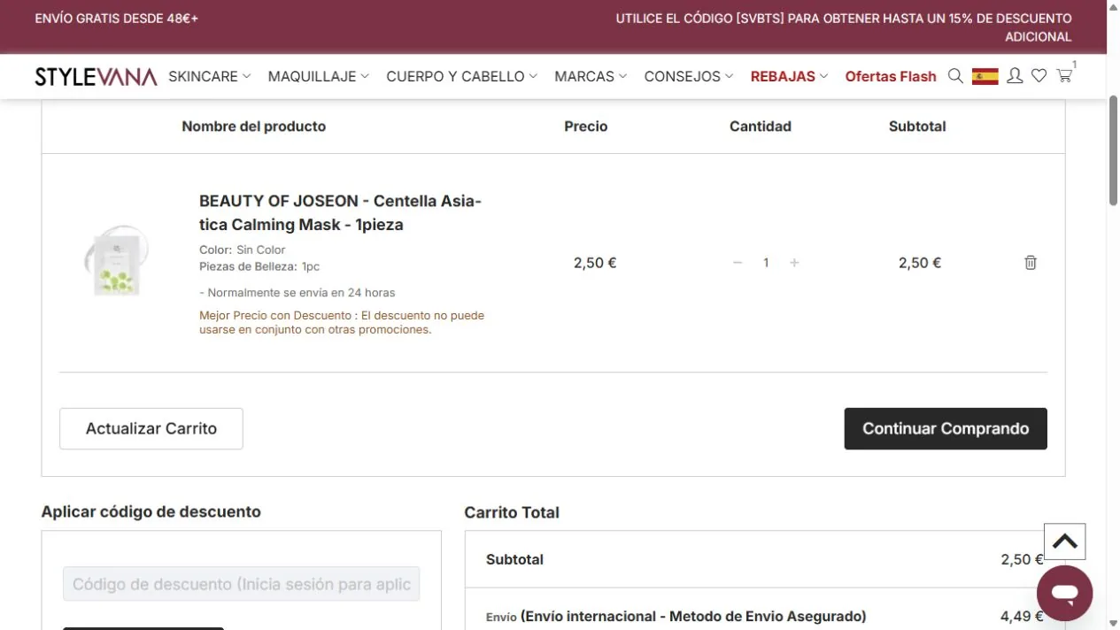 Campo para aplicar un código descuento en el carrito de Stylevana