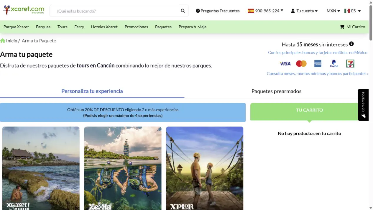 Página oficial de paquetes Xcaret con descuento al combinar experiencias